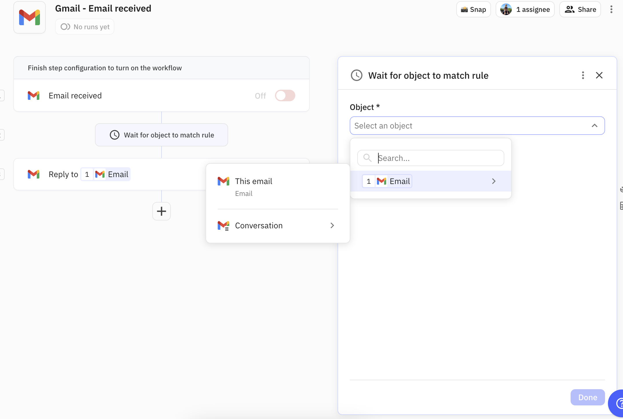 Wait for object configuration showing object picker to select which item to monitor for state changes