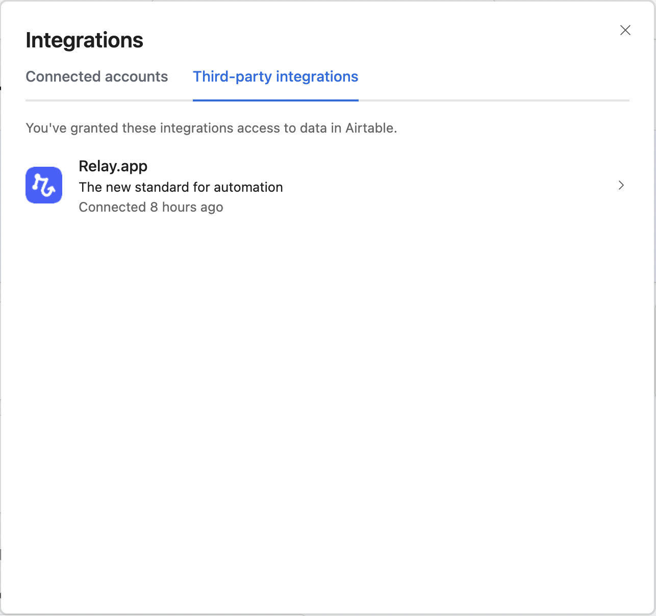 Airtable account menu showing Integrations option in the dropdown menu