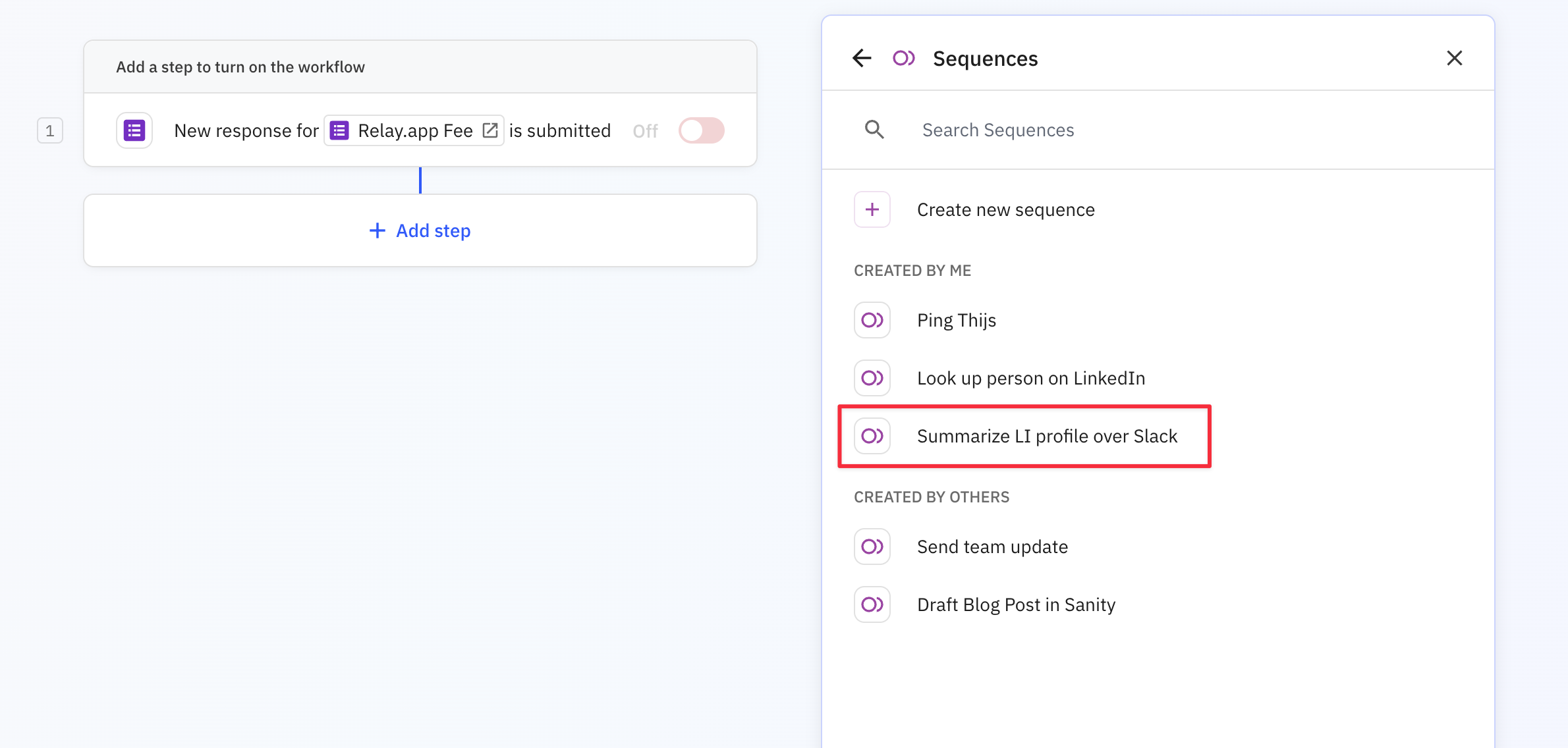 Sequences menu displaying exported sequences including the Summarize LI profile over Slack sequence available for reuse