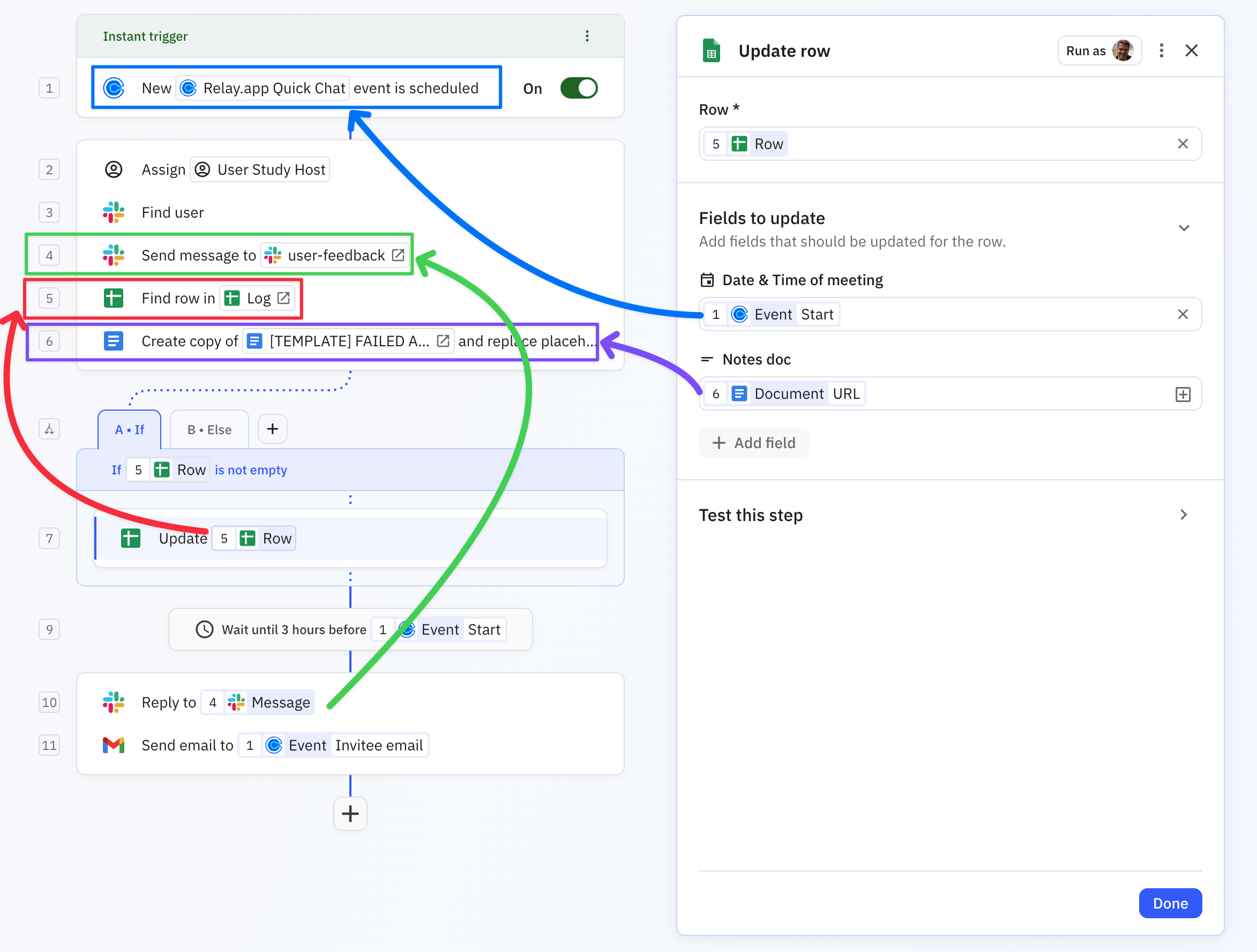 Relay.app workflow editor showing step output pills connected to their originating steps with visual lines