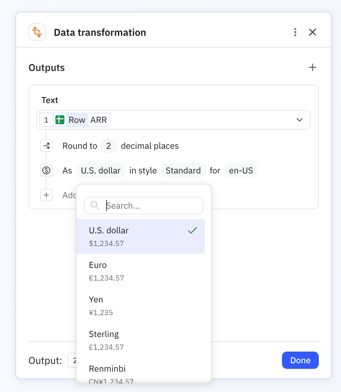 Transform data step configured to format a number as currency using the As currency transformation