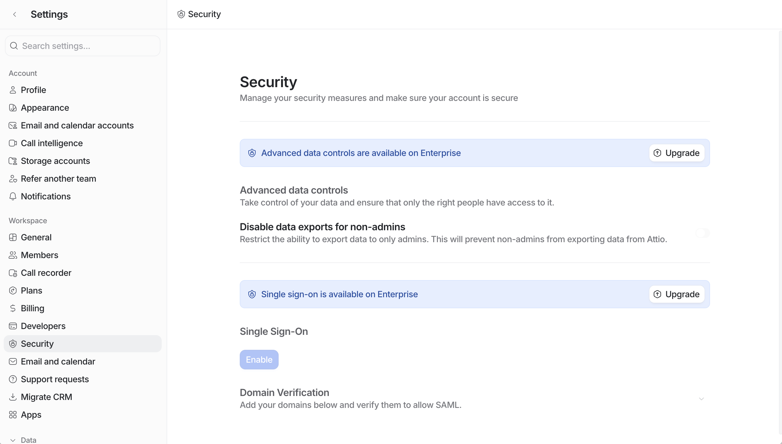 Attio security settings page displaying the 'Disable data exports for non-admins' toggle option