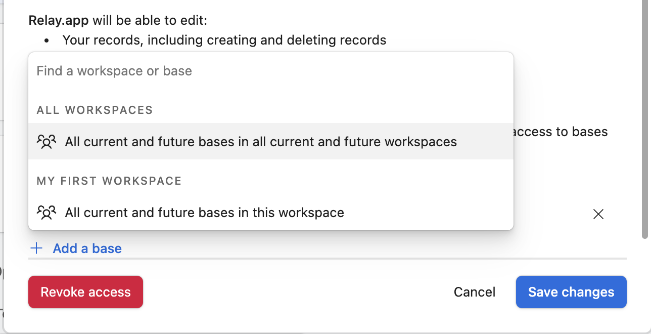 Airtable base sharing dialog showing options to share all current and future bases or select specific workspaces and bases