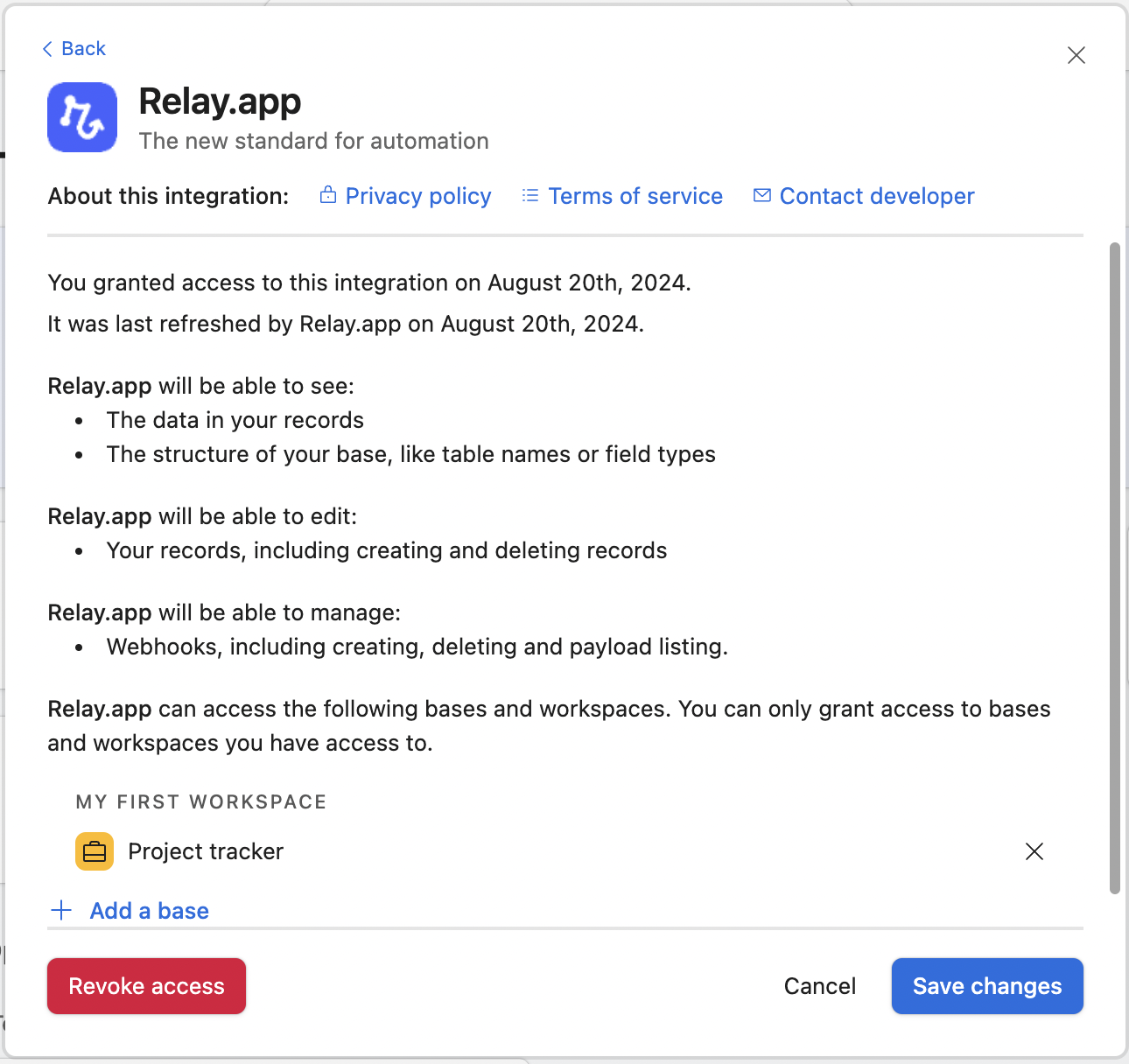 Airtable third-party integrations page showing Relay.app in the list of connected applications