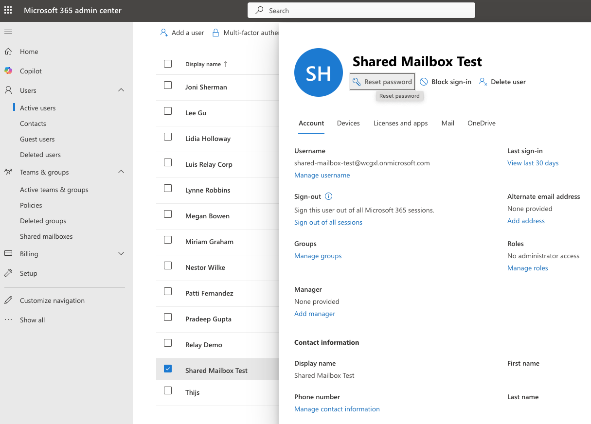 Microsoft admin center showing the Active users page with options to reset password for shared mailbox accounts