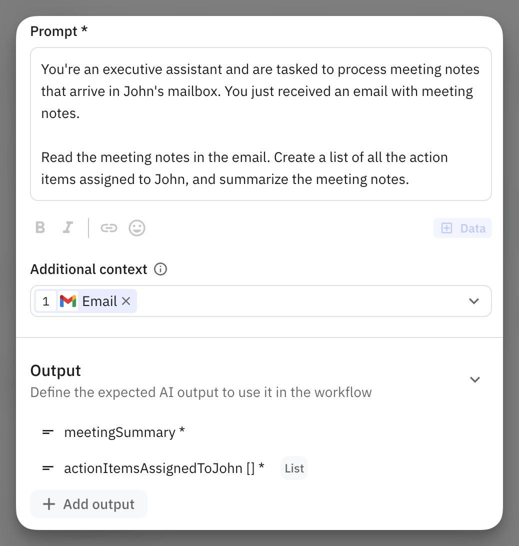 AI step output configuration showing actionItemsAssignedToJohn as a list field and meetingSummary as a text field