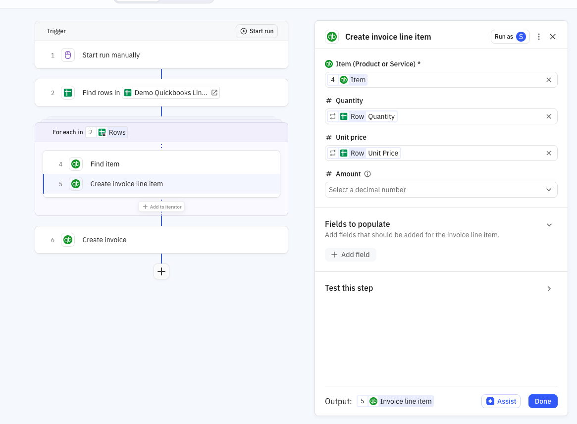 Relay.app workflow showing an iterator step connected to QuickBooks Create Invoice Line Item action to process multiple rows