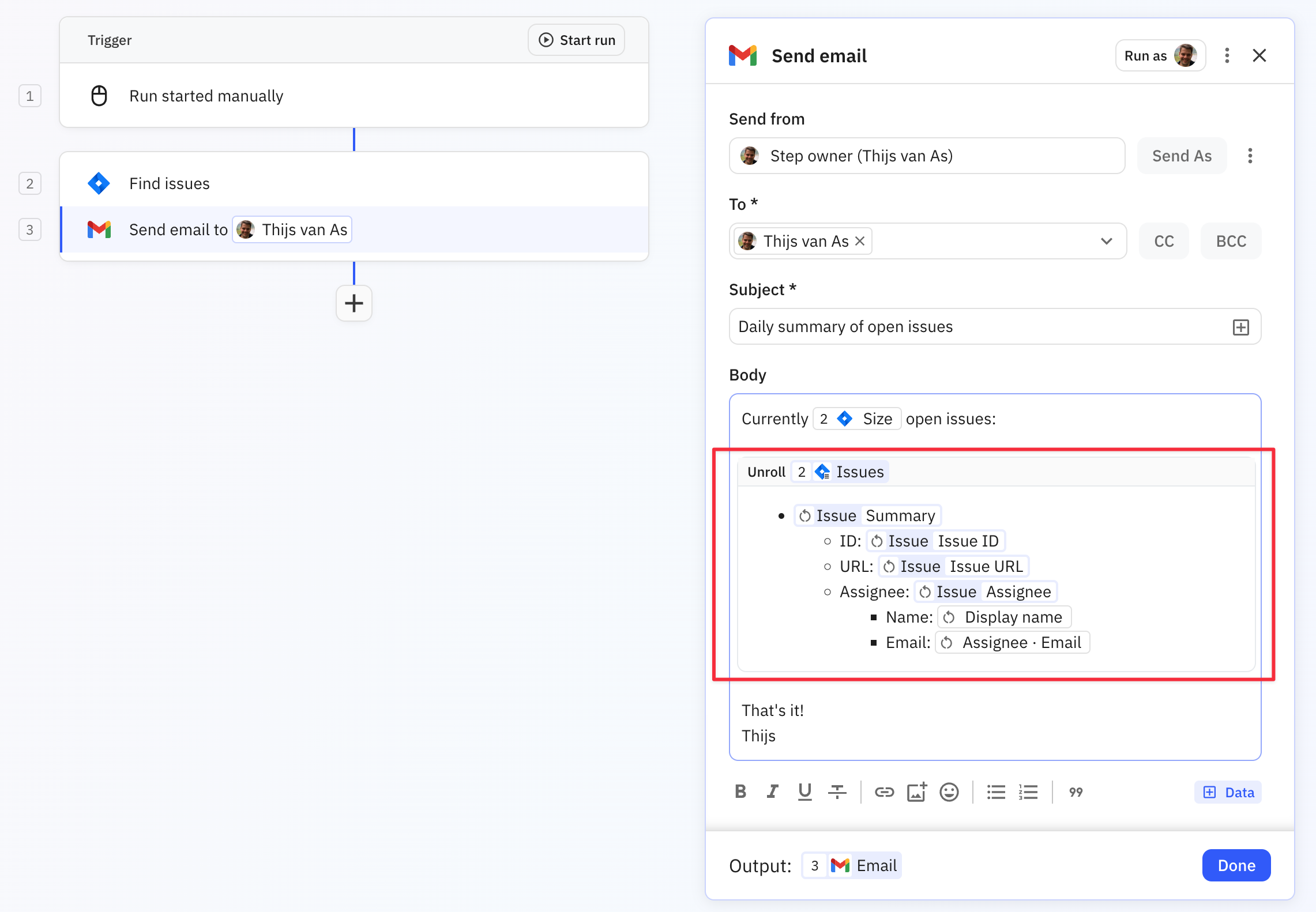 List unroll template showing bullet point structure with Jira issue key, summary, and assignee for each item in the list