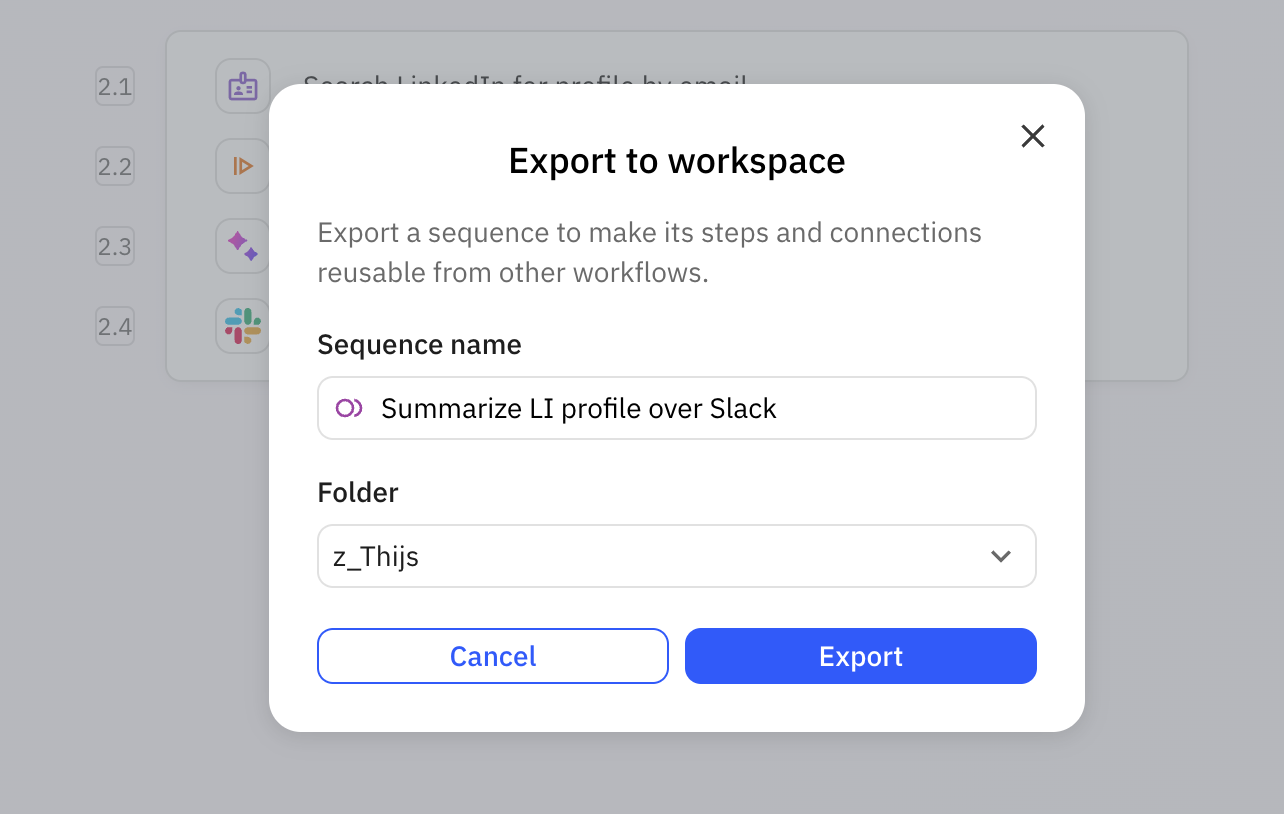 Export sequence dialog showing name field and folder selection dropdown for organizing the exported sequence