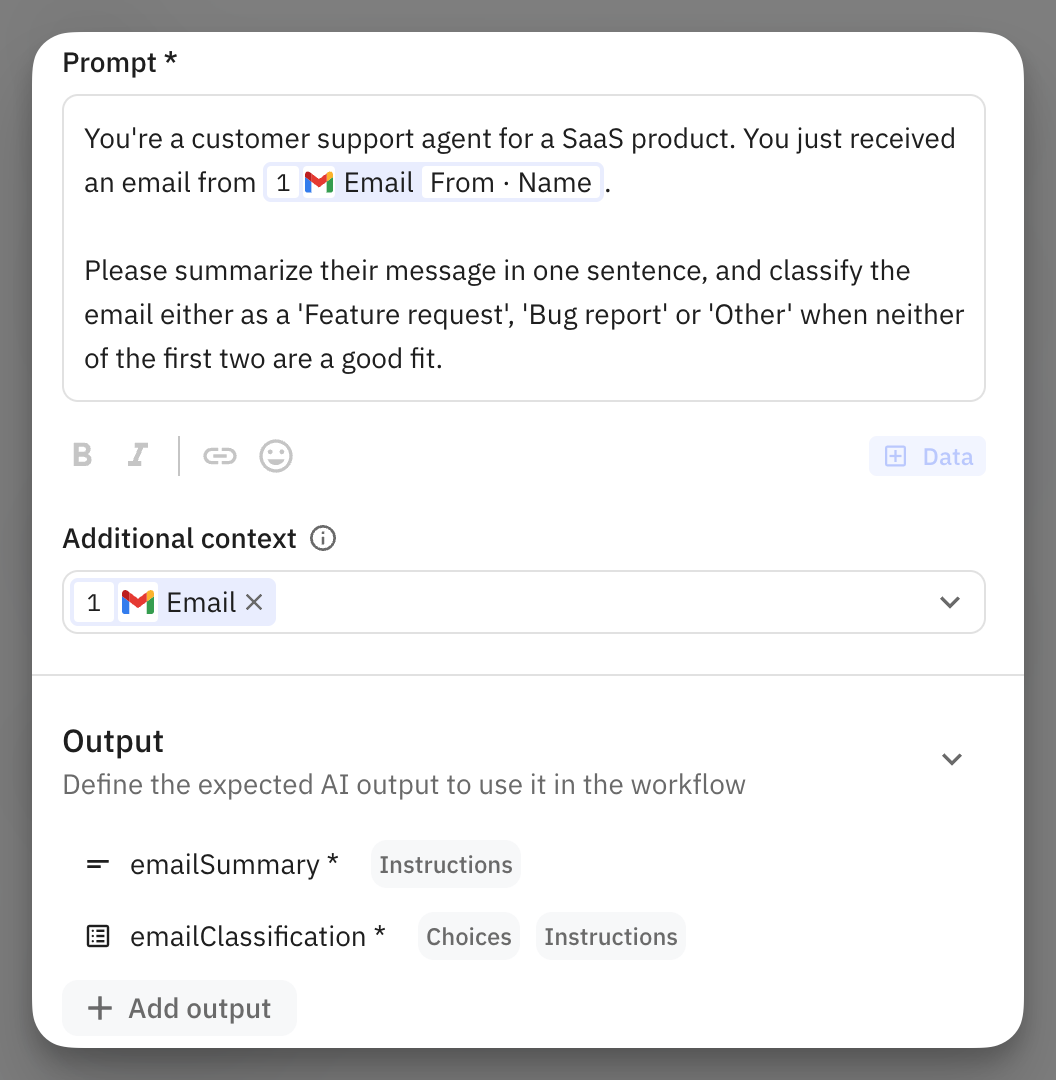 AI step output configuration displaying summary and emailClassification fields, with emailClassification configured as a single select field