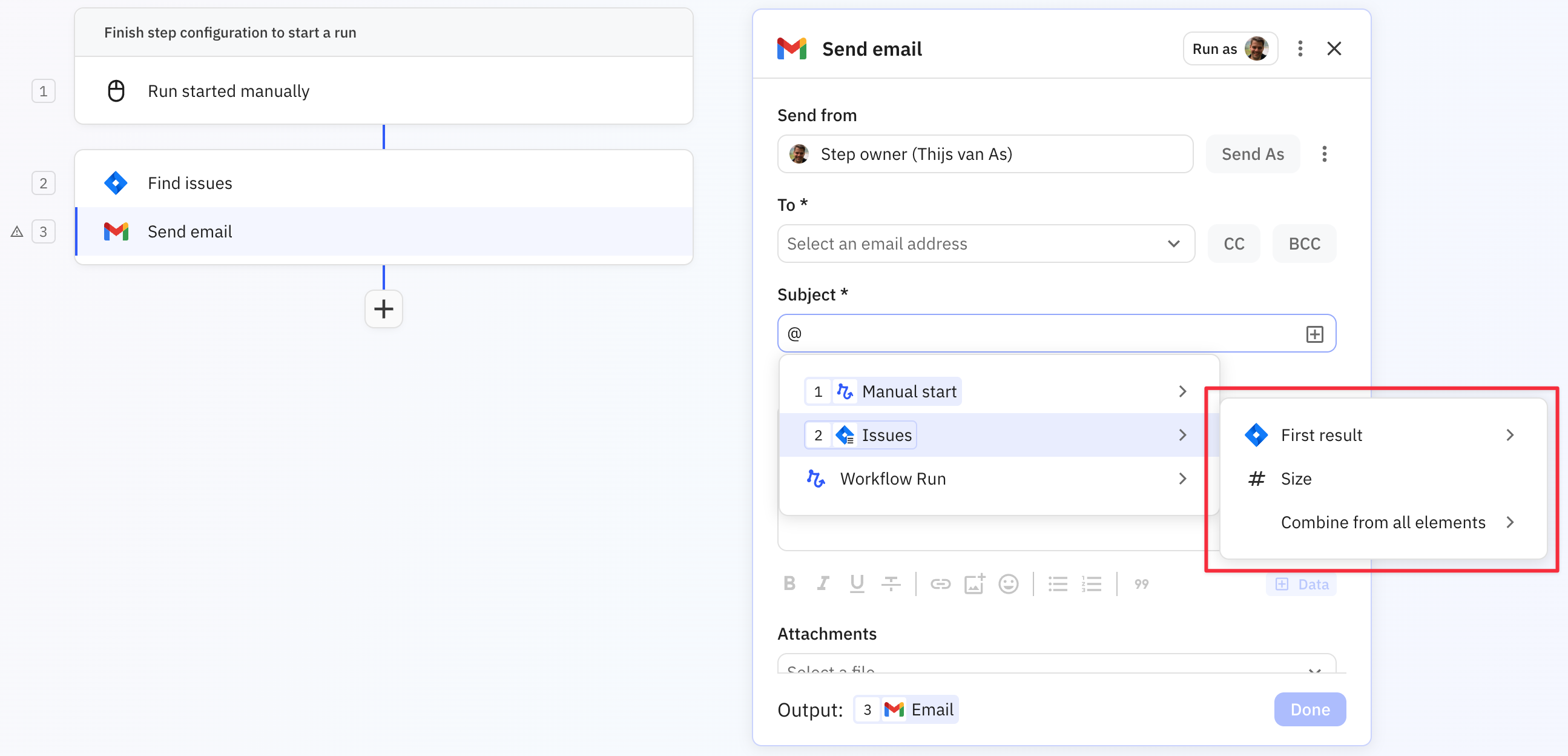 Single-line text input showing combine data option to merge list items into comma-separated format