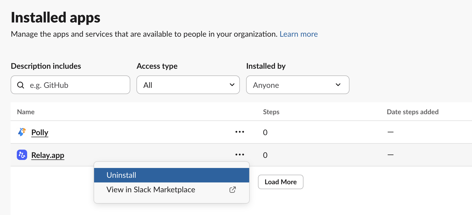Slack app management page showing Relay.app with Uninstall button to remove the app from workspace