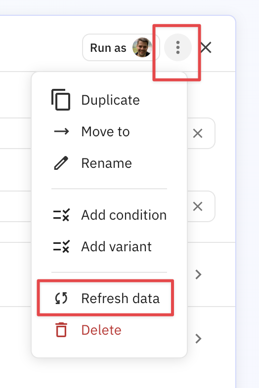 Step overflow menu dropdown showing the 'Refresh data' option to update column types and data