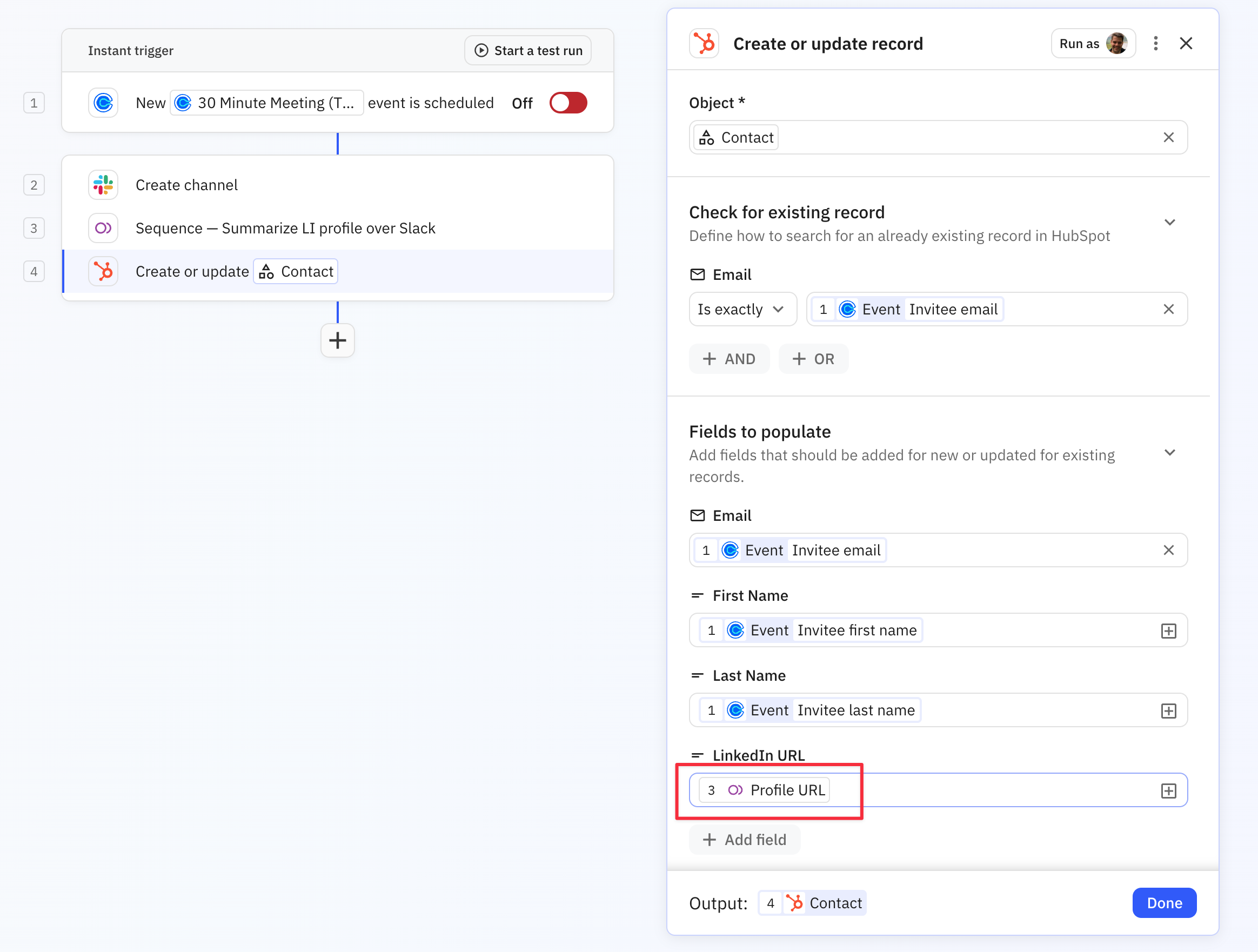 HubSpot contact step showing LinkedIn URL field populated with sequence output data