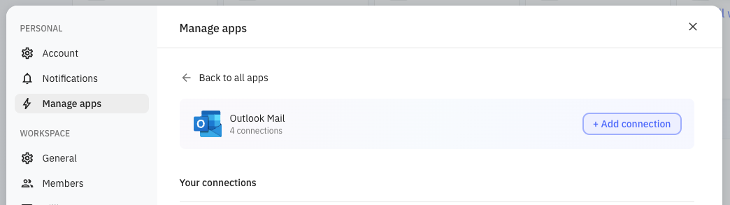 Relay.app Apps page showing the Outlook Mail app with an 'Add connection' button