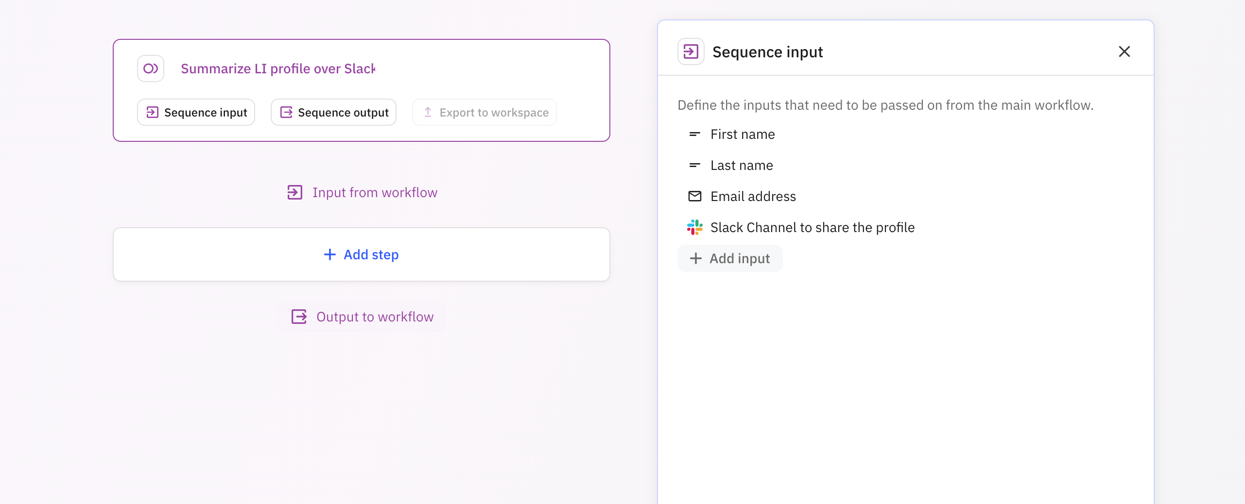 Sequence configuration dialog showing input fields for Name, Email address, and Slack Channel with data type selections
