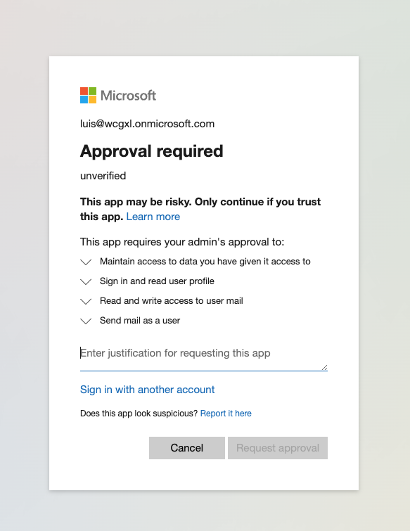 Microsoft sign-in error dialog showing 'Need admin approval' message with Relay.app requesting permissions