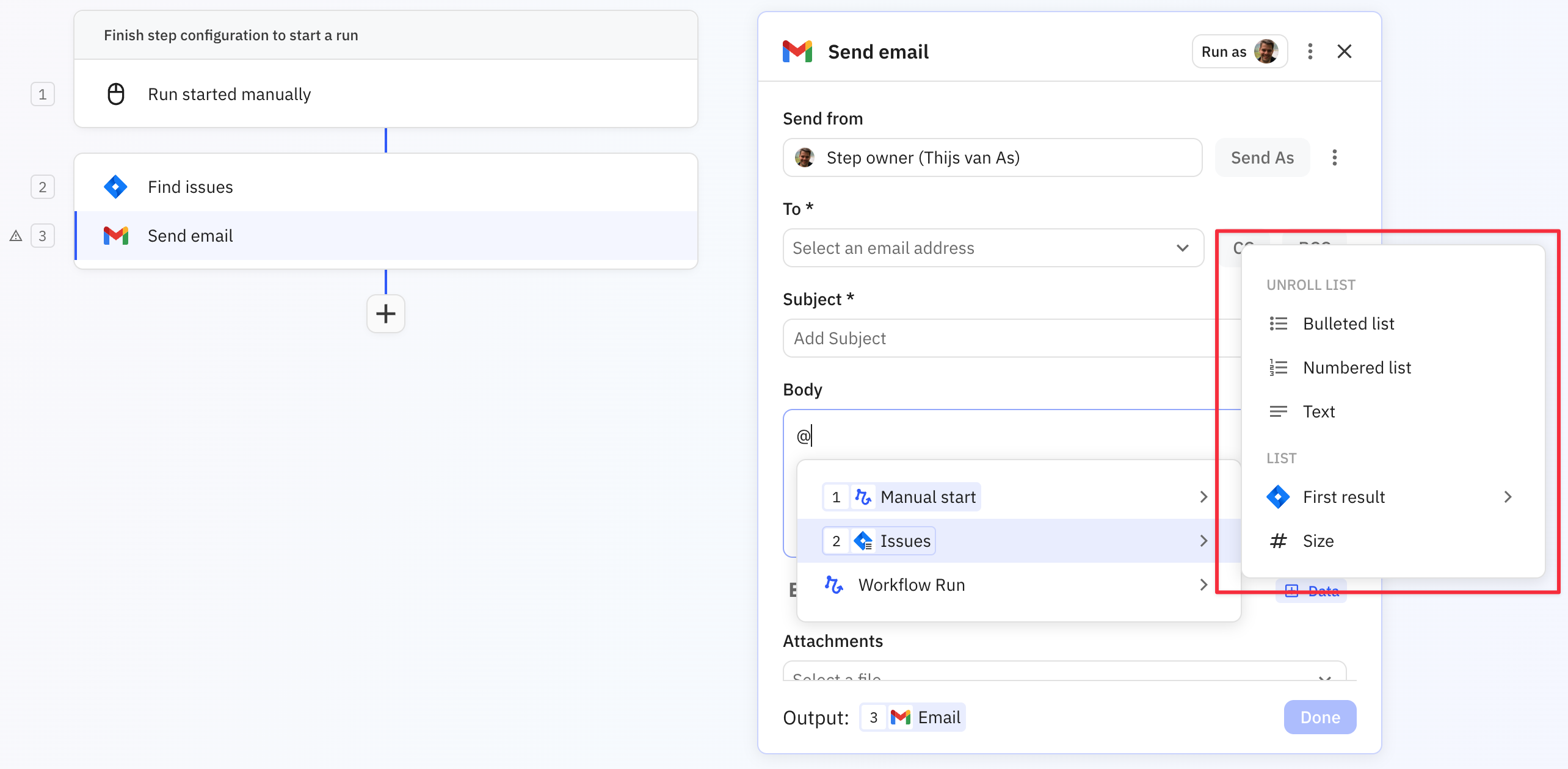 Multi-line text input showing unroll data option with template structure for formatting list items