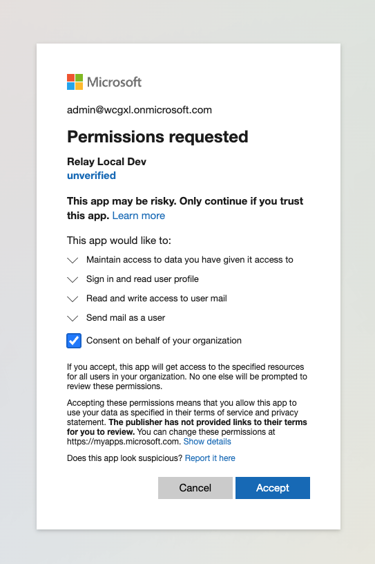 Microsoft permissions consent dialog showing 'Consent on behalf of your organization' checkbox for admin approval