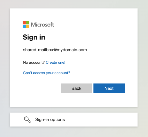 Microsoft sign-in page with email input field for connecting a shared mailbox account