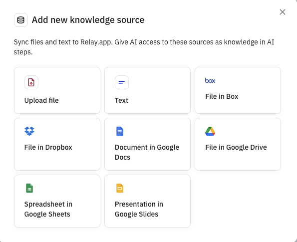 Knowledge upload dialog showing options for Local files, Inline text, Google Drive files, Dropbox files, and Box files