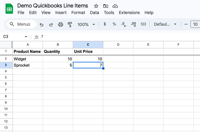 Spreadsheet showing invoice line items with columns for Item, Description, Quantity, and Rate to be used in QuickBooks invoice creation