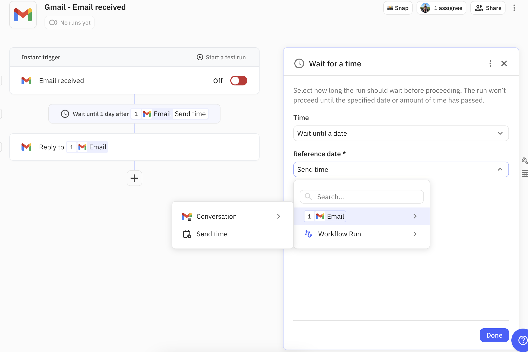 Wait until date configuration showing reference date picker and optional offset settings for dynamic waiting