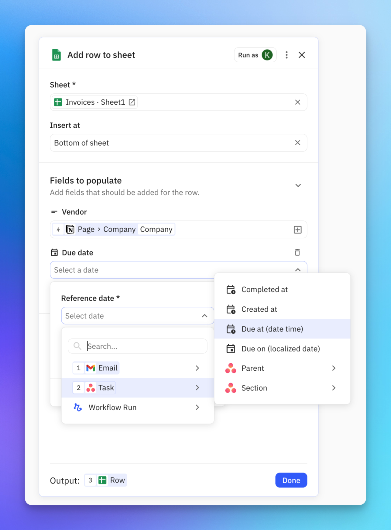 Date picker interface showing available date-type step outputs for selection in a typed input field