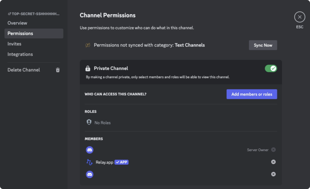 Discord permissions dialog showing the Relay.app App being added with appropriate channel permissions