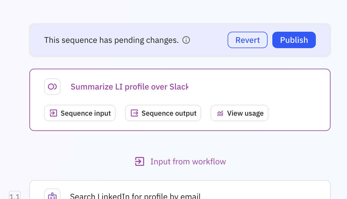 Sequence header showing Publish button to make updated changes available to workflows using this sequence