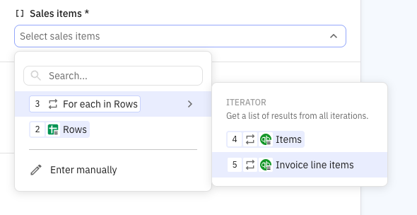 QuickBooks Create invoice step configuration showing line items field populated with unrolled data from the iterator output