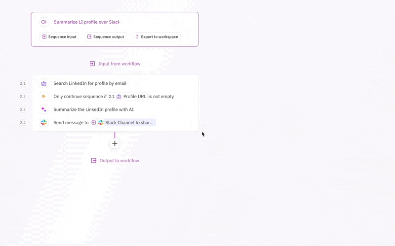 Animated demonstration of configuring sequence output by selecting step outputs and specific data fields to return