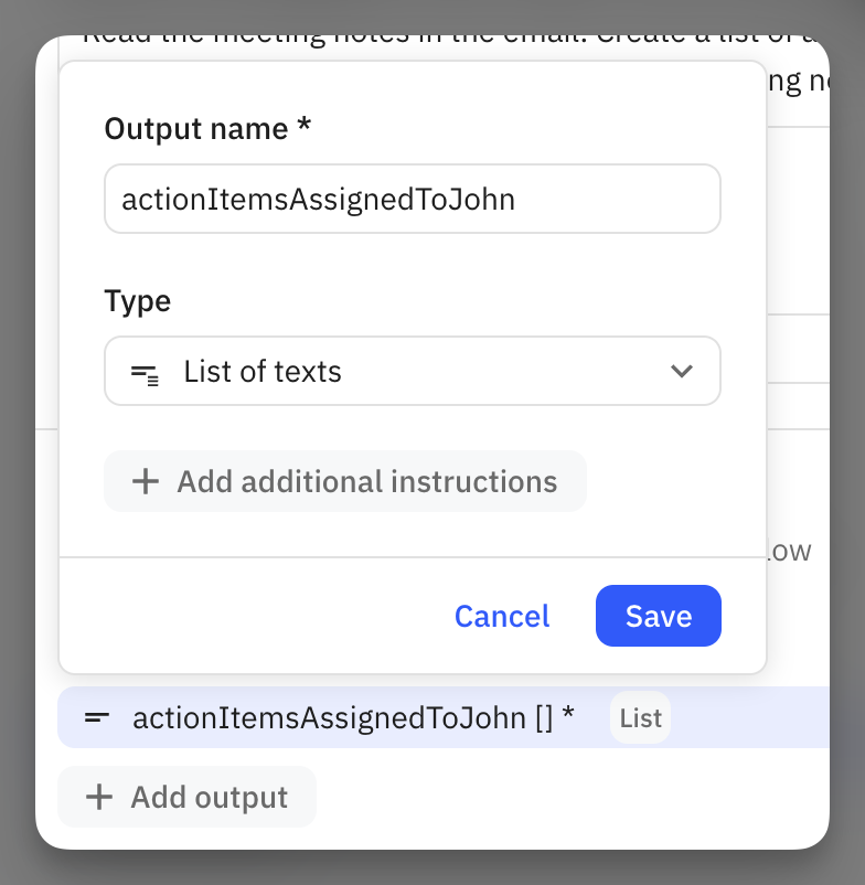 List field configuration showing actionItemsAssignedToJohn configured as a List with Text as the nested type