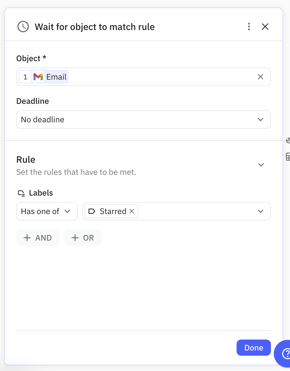 Wait step rule configuration showing condition for when email is starred set to true