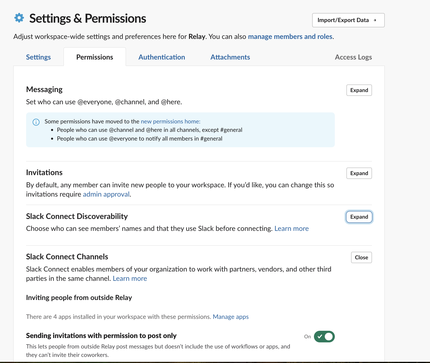 Slack admin settings navigation showing the path to configure workspace permissions and Slack Connect settings