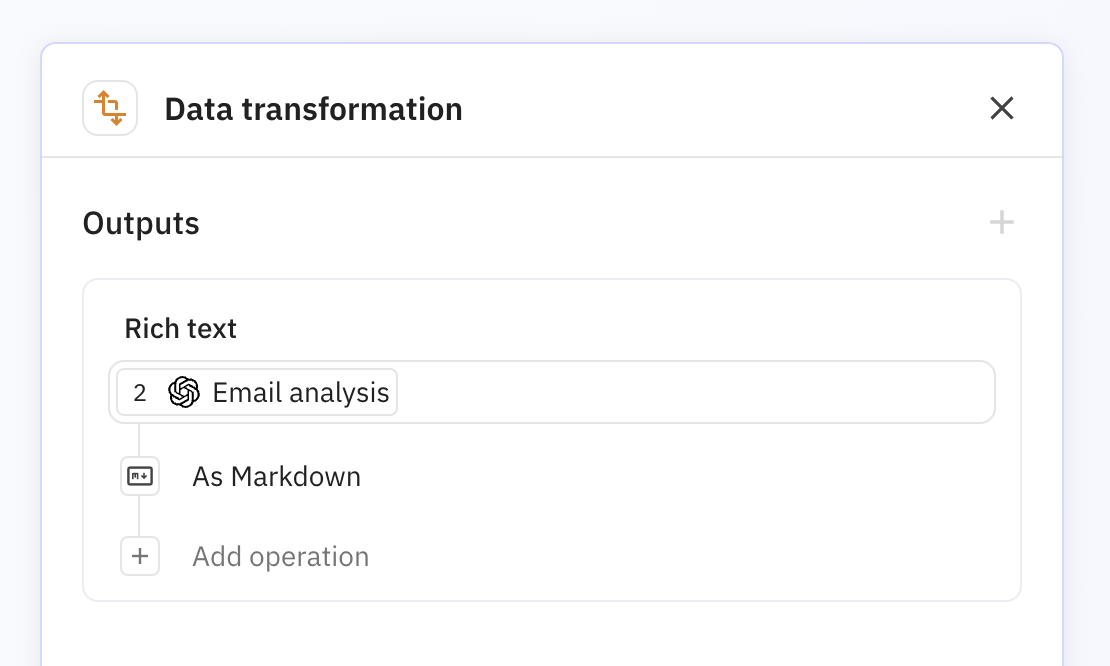 Data transformation step configuration showing Markdown selected as the transformation type to format AI-generated text