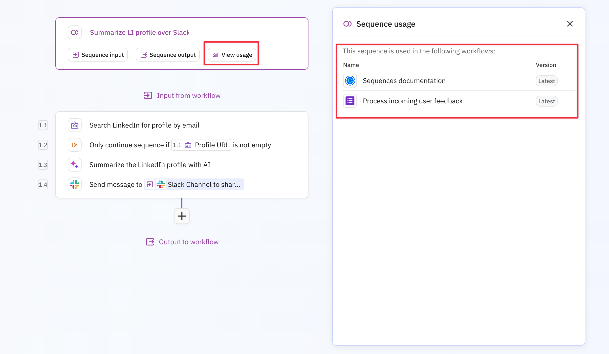 Sequence usage panel showing list of workflows that use this sequence and their current version numbers