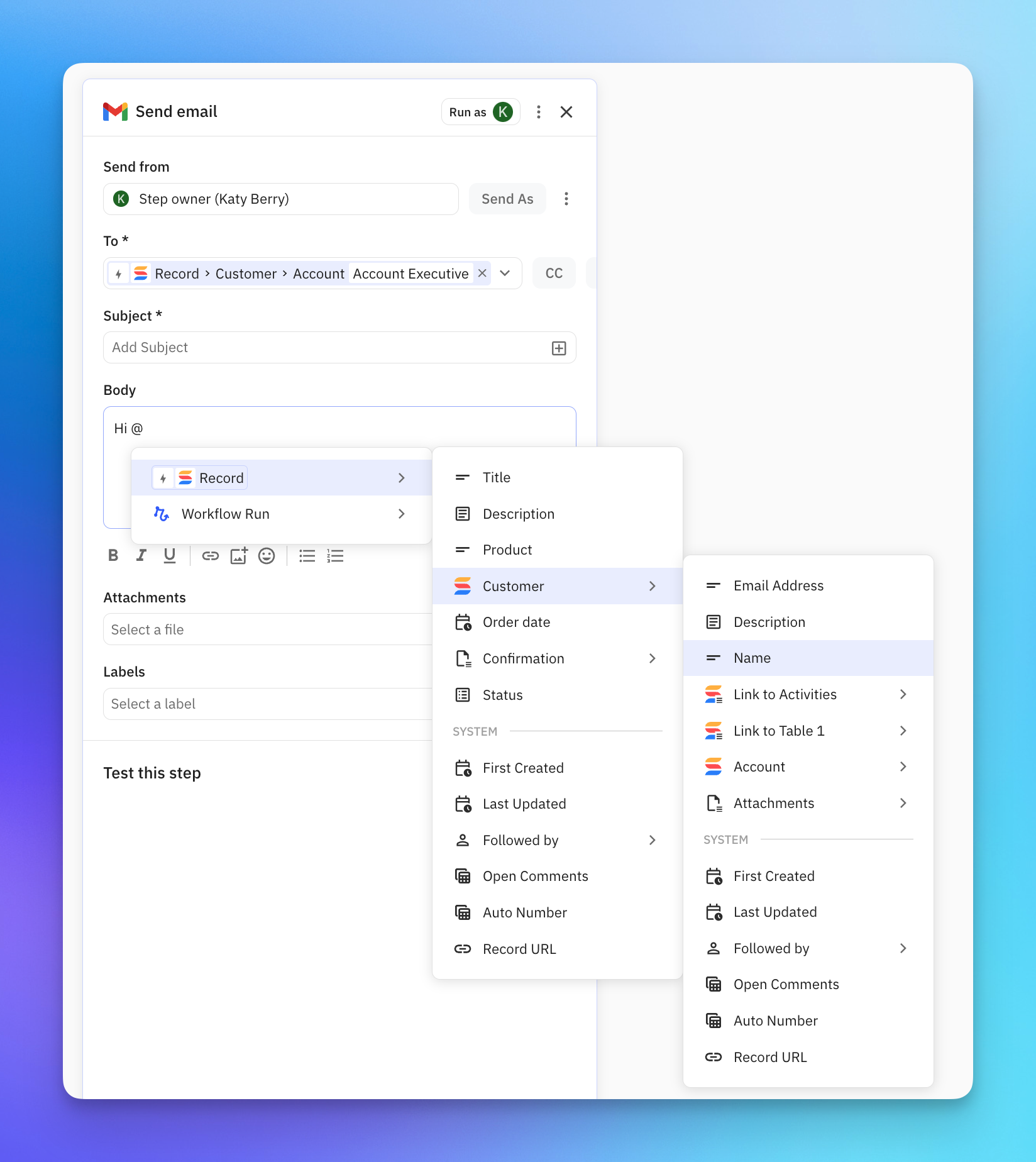 Data picker showing hierarchical access to nested objects with Contact > Company > Deal structure demonstrating linked data access