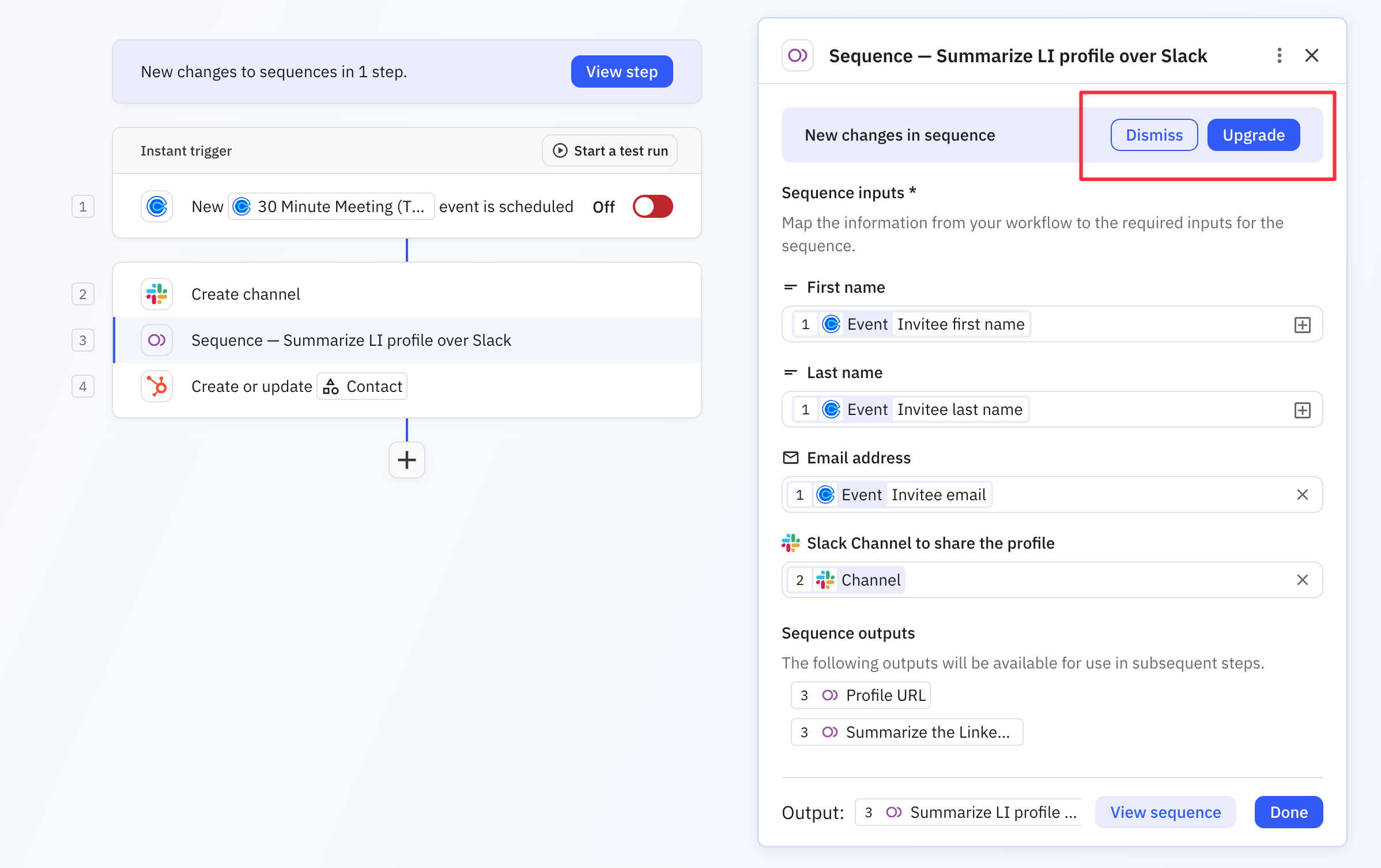 Sequence step showing update banner with Upgrade button to apply latest version changes
