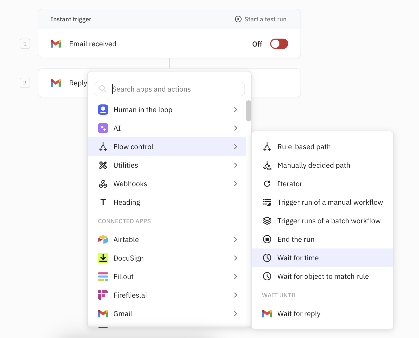 Flow Control menu showing Wait for time, Wait for object to match rule, and Wait for reply options