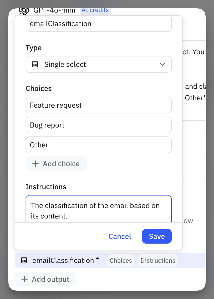 Single select field configuration showing choices for Feature request, Bug report, and Other options in the emailClassification field