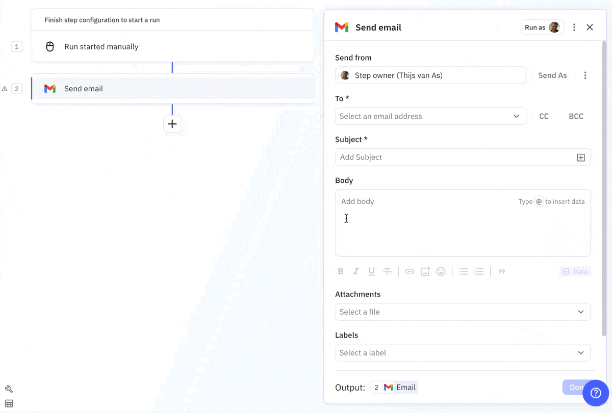 Animated demonstration of clicking on a step output pill in the step configuration dialog to view available data fields and structure