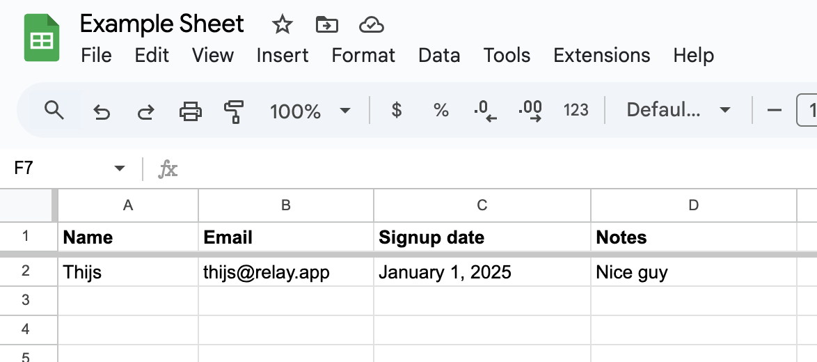 Google Sheets showing a sample data table with headers and first row of data that Relay.app uses to infer column types