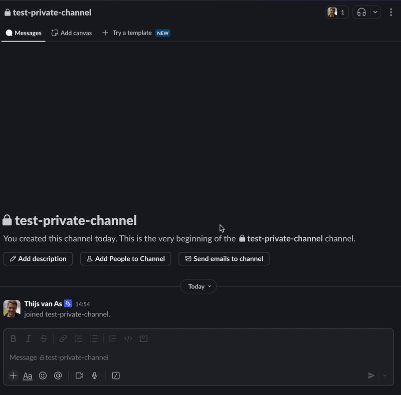 Animated demonstration of adding Relay.app bot to a private Slack channel through the channel integrations menu