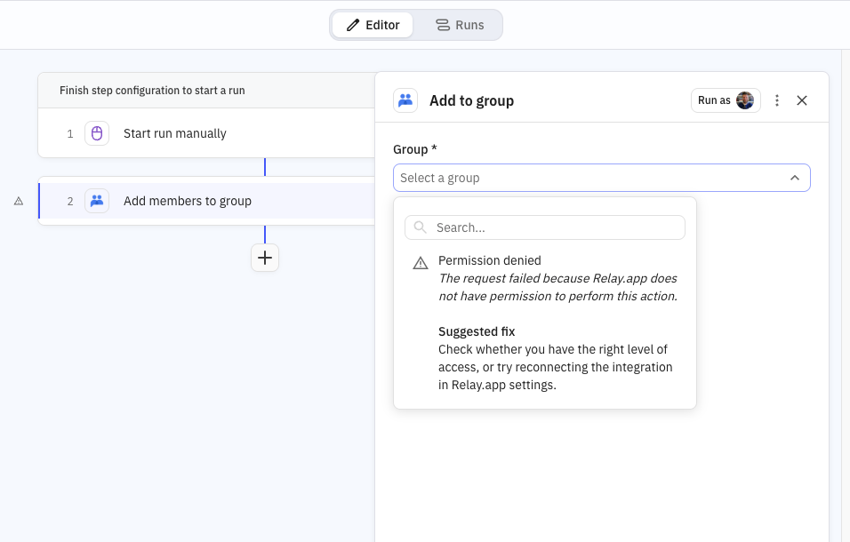 Permission denied error on the search box of an "Add to group" automation