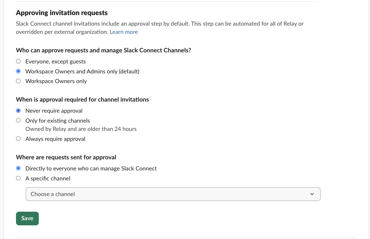 Slack Connect channel management settings showing options to configure who can manage shared channels and invitations