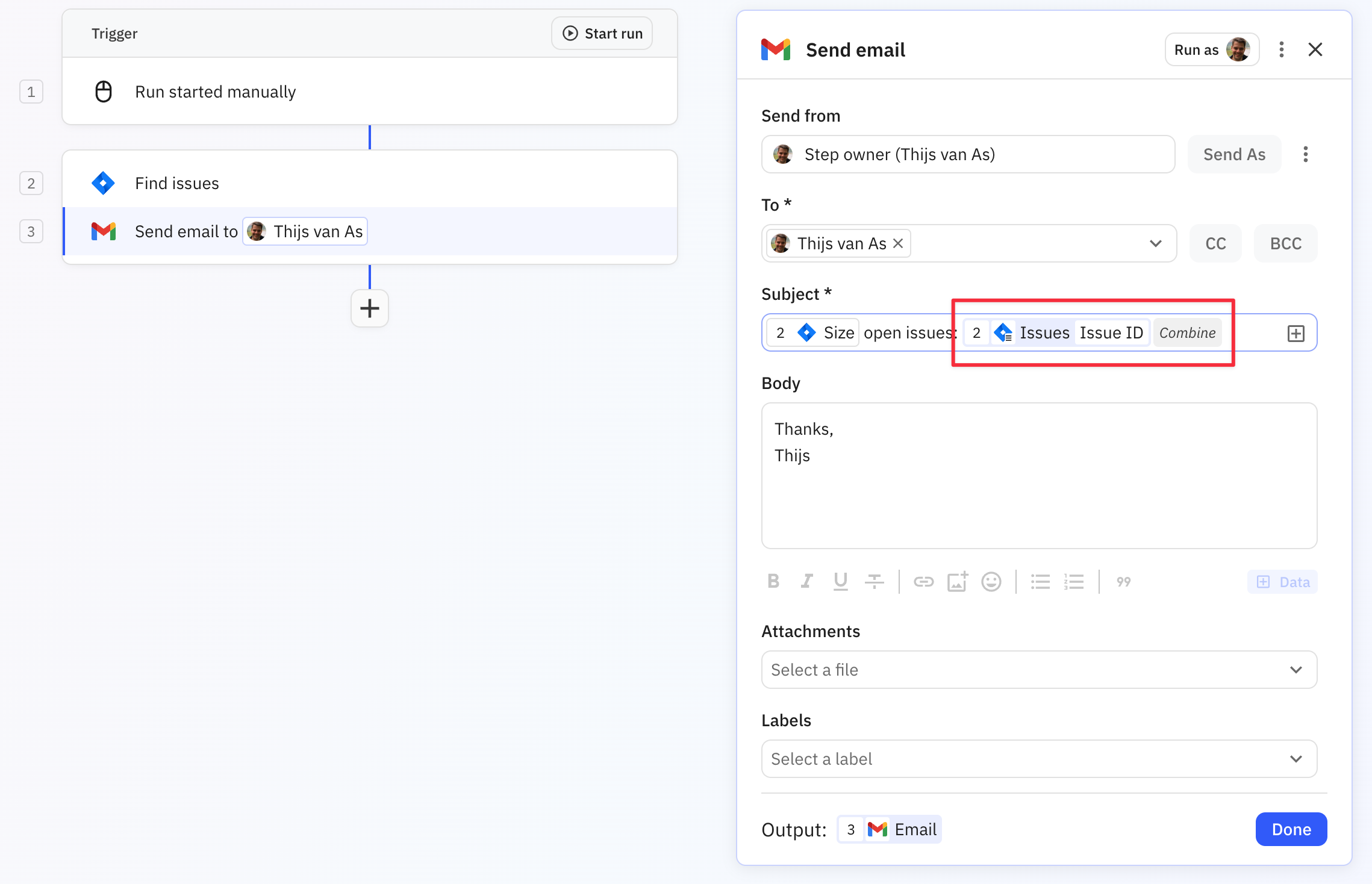 Preview showing the result of combining list data into a comma-separated string format