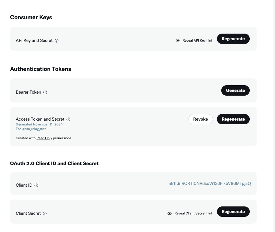 Twitter developer project Keys and tokens page showing API key, API secret, and OAuth client credentials that need to be saved for Relay.app connection