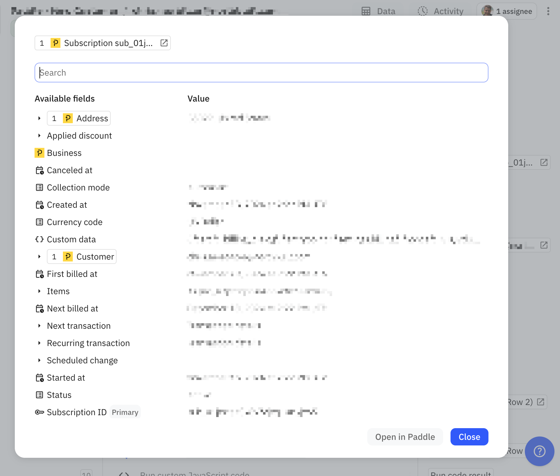 A screenshot that shows the data inspector for a subscription object. It shows a modal dialog that contains a search field, a table of available fields and values, and buttons to close the dialog or to open the subscription in the source product.