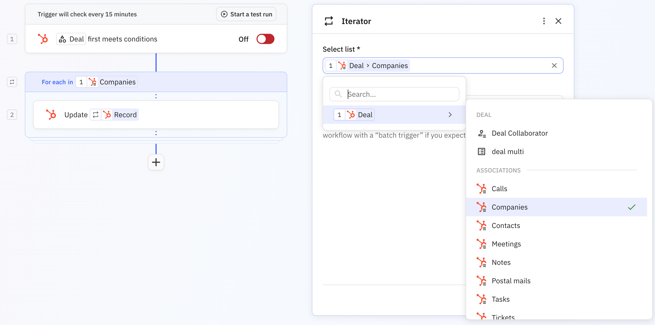 HubSpot Deal step output displaying associated objects including lists of companies, contacts, and tasks